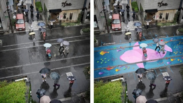 Красочные рисунки на улицах, которые видны только во время дождя