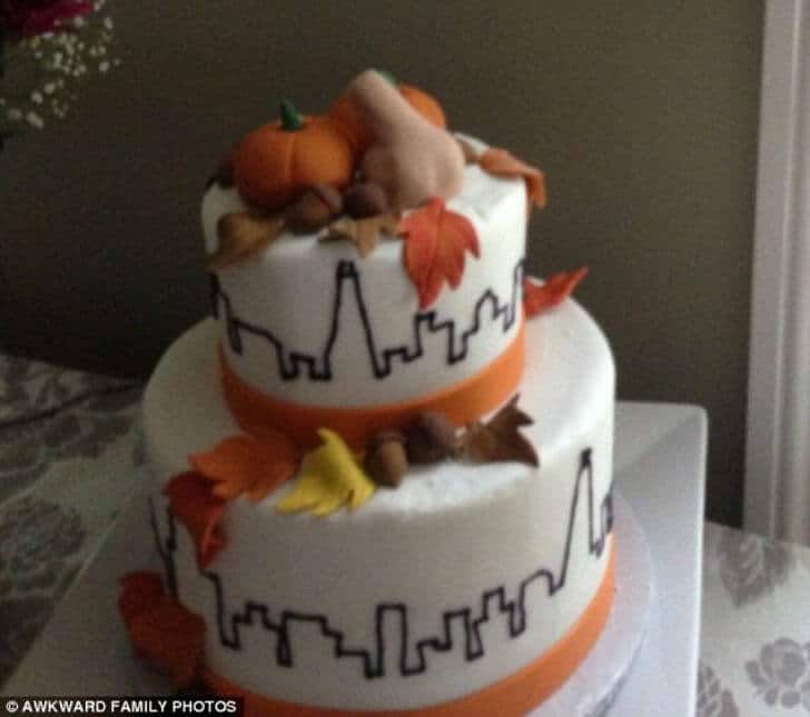 Topping-it-off-This-autumnal-themed-wedding-cake-came-complete-with-a-gourd-of-unfortunate-shape