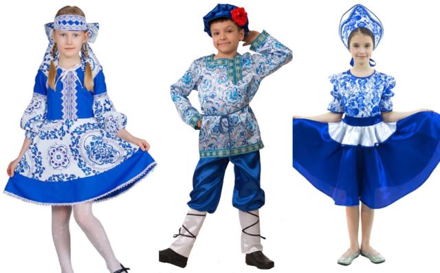 три ребенка в костюмах в стиле гжель