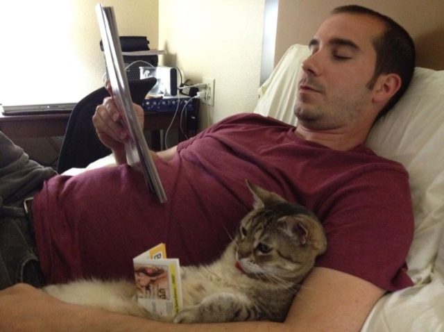 парень с котом читают на кровати
